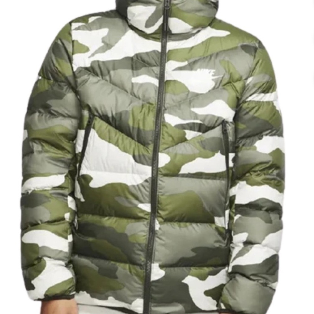 Nike Men's Olive and White Camo Puffer Jacket